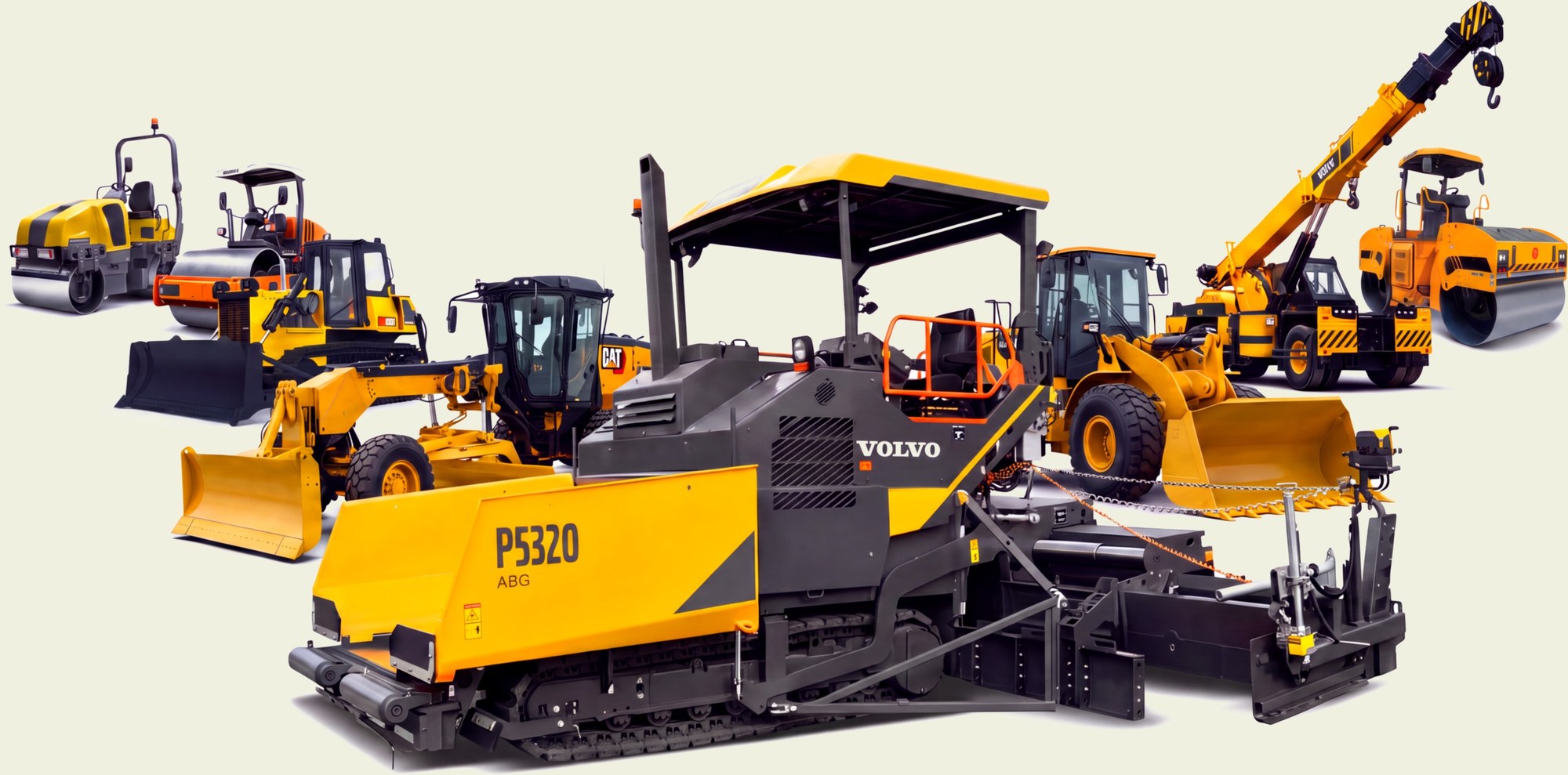 GT Infrastructure Equipment fleet — pavers, graders, wheel loaders, soil compactors, tandem rollers and hydra cranes